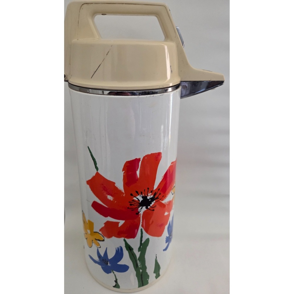 Vintage 70s Everest Vacuum Air Pot Thermos APN-1900 Floral Poppies, Coffee, Tea